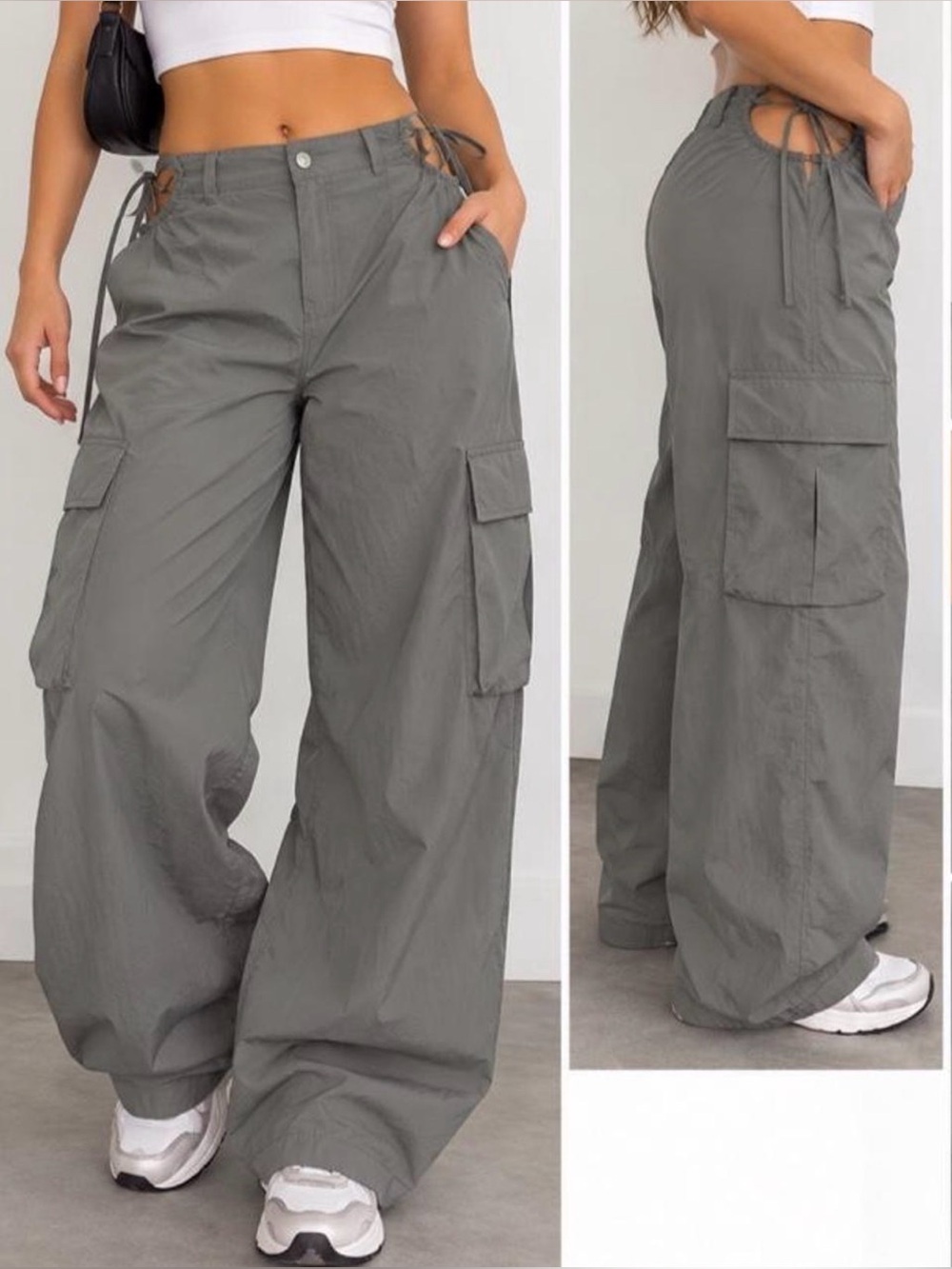 Fashion Nova Gray Cargo Parachute Pants with Side Cutouts Large